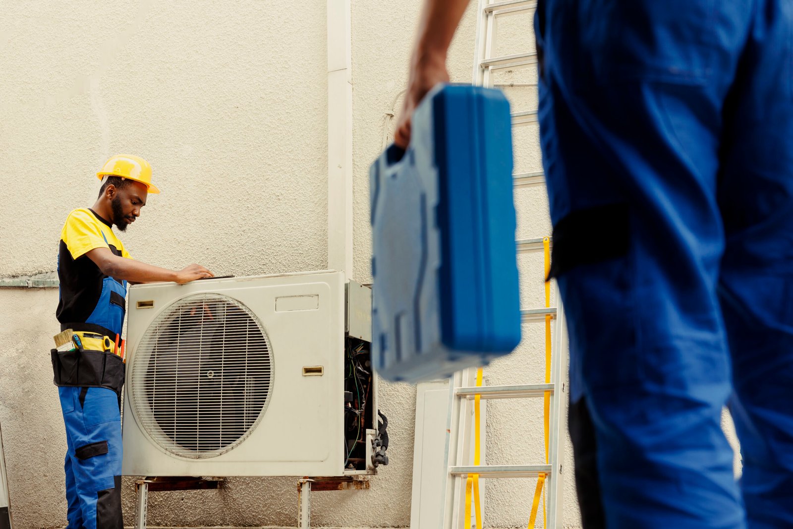 engineer arriving location help apprentice mend busted electric coils damaged external air conditioner technicians comissioned prevent internal parts breakdowns ensuring timely repair scaled
