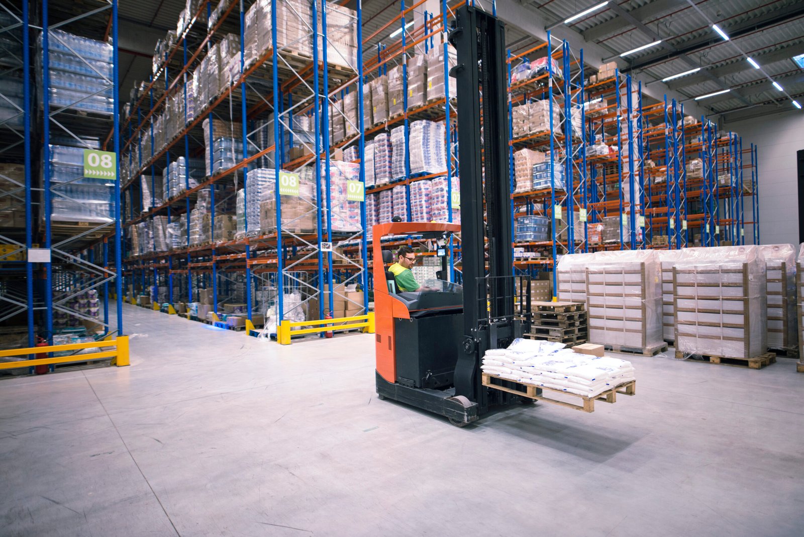 worker operating forklift machine relocating goods large warehouse center scaled